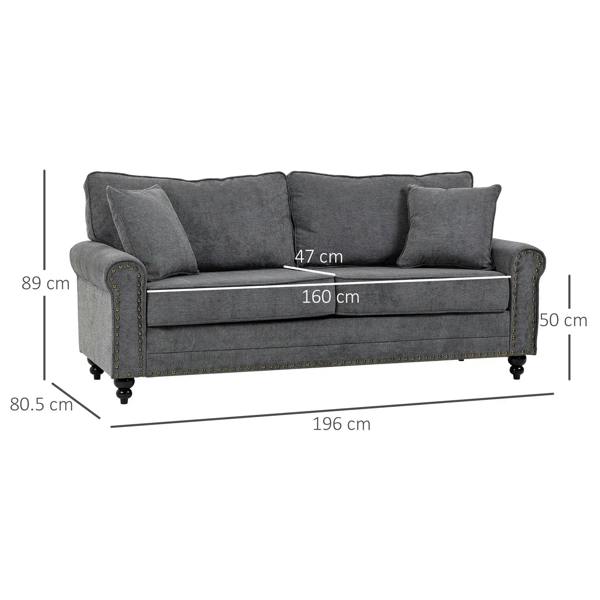 Grey fabric 3-seat sofa with nailhead trim and two back cushions, with size diagram