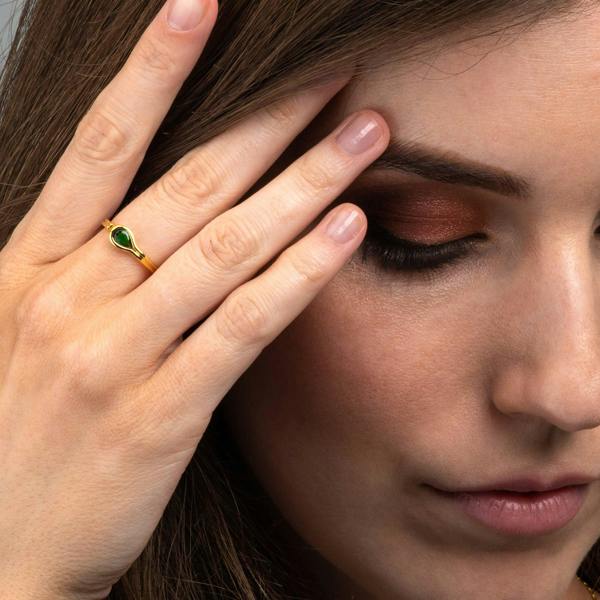 Adjustable Gold Plated Pear Shaped Green Ring for Women - namana.london