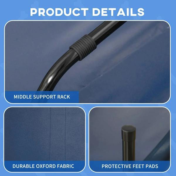 Blue elevated pet bed with black support rack and protective foot pads