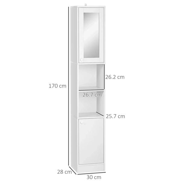 White narrow bathroom cabinet with front mirror and two-door base, 170 cm tall