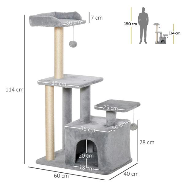 Light grey cat tree tower design with two platforms, cubby, and hanging ball