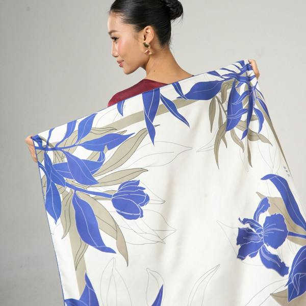 Navy Botanical Twill Silk Scarf – Printed Mulberry Silk, Office Wrap & Gift