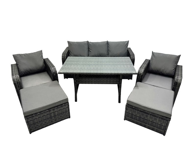 Fimous 7 Seat Outdoor Wicker PE Rattan Garden Furniture Set Dining Table Sofa Set with 2 Big Stool Dark Grey Mixed