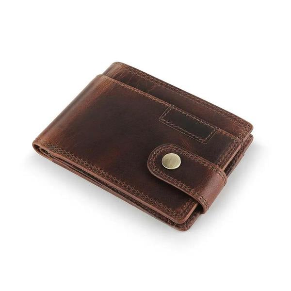 Top view of Brown leather wallet with a gold button on a white background
