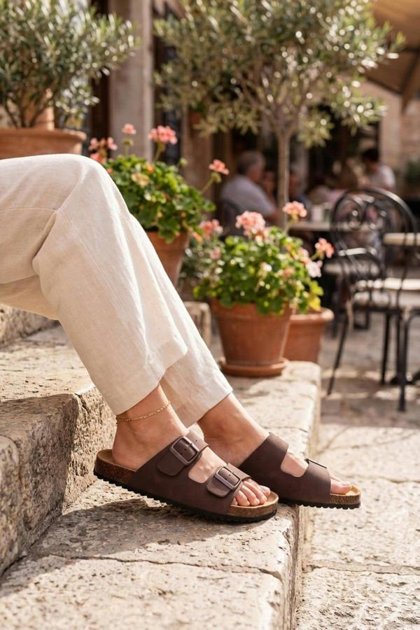 Harper Womens Double Buckle Cork Slide Sandals - LIGHT BROWN