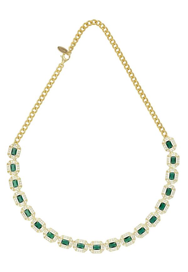 Gold and diamond halo emerald necklace.