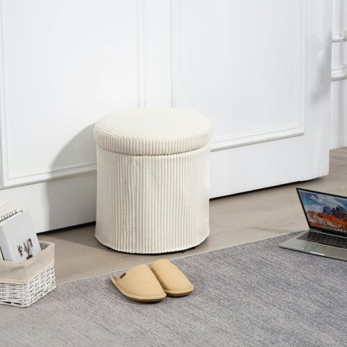 Wyld Haus Rokael Round Beige Corduroy Storage Footstool With Removable Lid