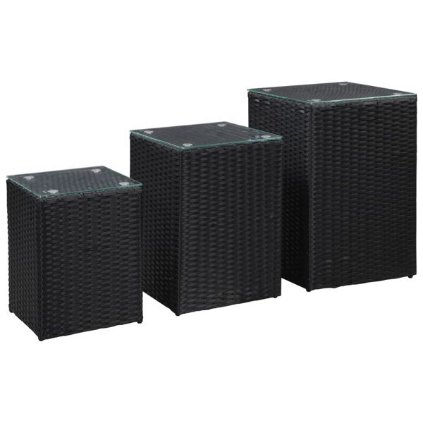 Berkfield Side Tables 3 pcs with Glass Top Black Poly Rattan