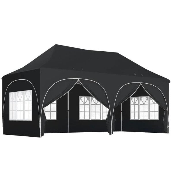 Bobobiy 3 x 6m Pop Up Gazebo Shelter with Sides, 6 Sandbags, Peak Top Garden Party Tent Marquee with Carry Bag, Black