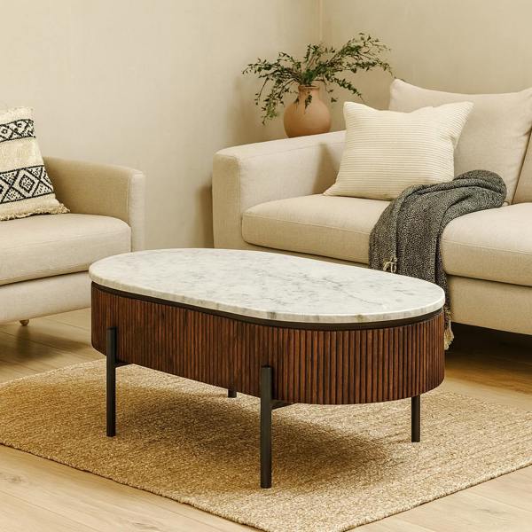 Wyld Haus Alabama Ribbed Mango Wood Oval Coffee Table With Marble Top and Metal Legs
