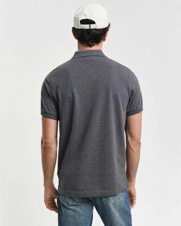 GANT Mens Regular Fit Short Sleeve Shield Logo Pique Polo - 95 Anthracite Melange - CHO - Designer Mens Short Sleeve Polo Shirts