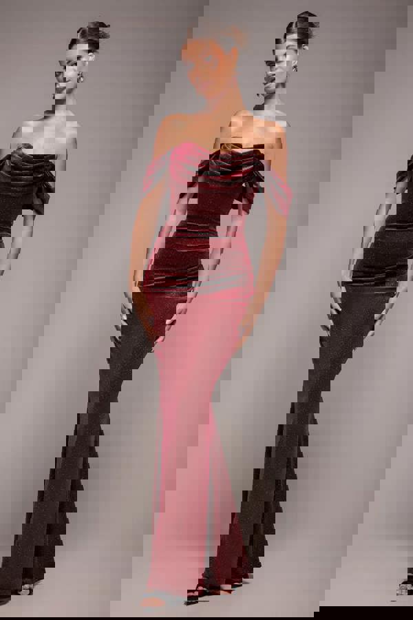 Glitter Velvet Cowl Neck Pleated Waist Maxi Dress - Wine DR5052