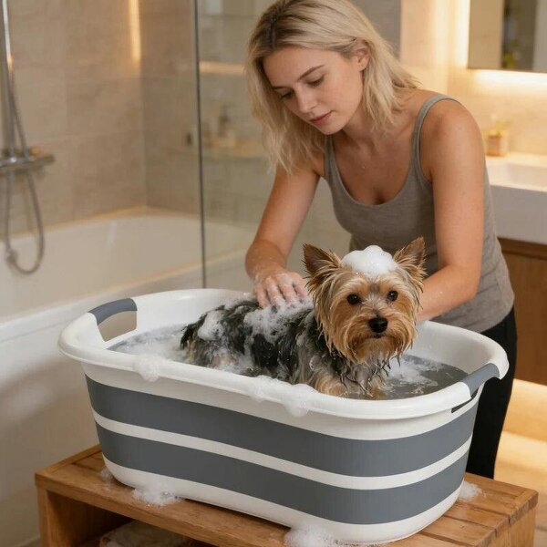 Dog Bath Tub, Portable Foldable Dog Bathtub with Drainage Hole, for Small Dogs Puppies Grey