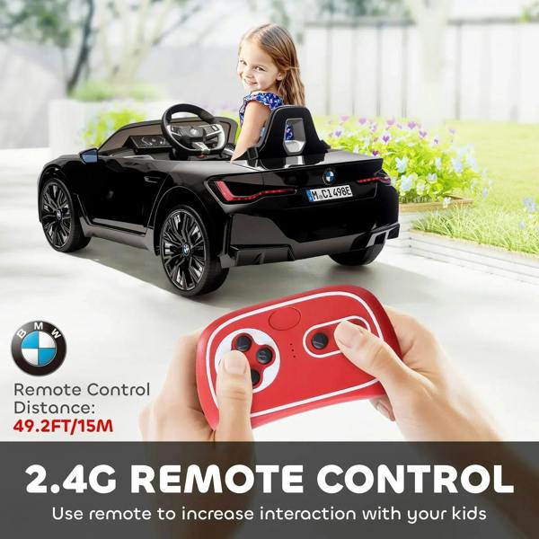 Black kids electric ride-on car with driver seat and handheld remote controller