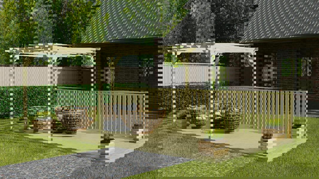 Rectangular pergola and decking kit with balustrade, made from pressure treated timber and high quality pergola posts, featuring a raised wooden deck, vertical slatted balustrade, and an open pergola roof frame.