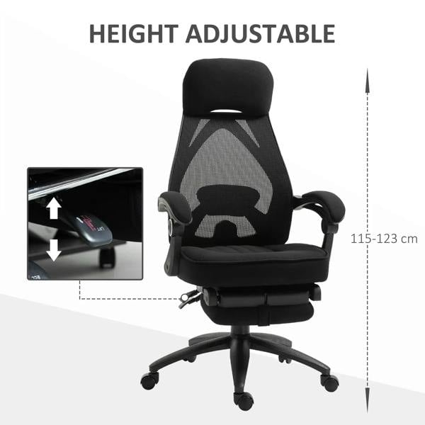 Black office chair with adjustable height and footrest, front 3/4 view