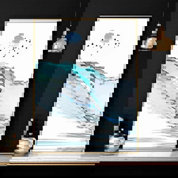 Art print set of 3 | Teal Japanese wall art print for living room