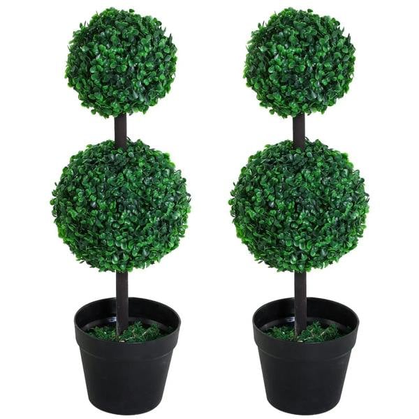 Set of 2 artificial boxwood ball topiary trees, green spheres on stems, black pots