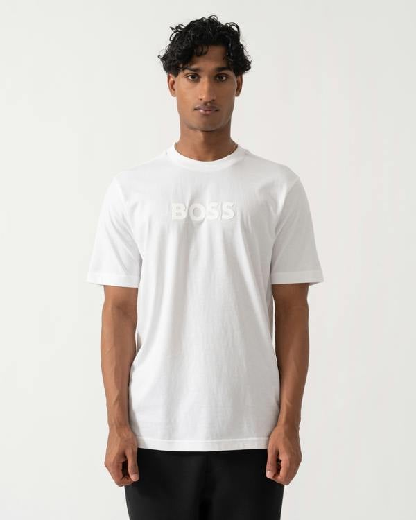 Front of BOSS Green Mens Relaxed-fit T-Shirt in stretch cotton with tonal logo - Natural 101