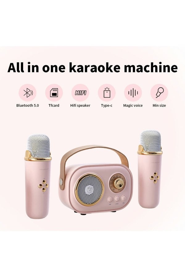 Living and Home Portable Retro Pink bluetooth Karaoke Machine Speaker System with Wireless Microphones