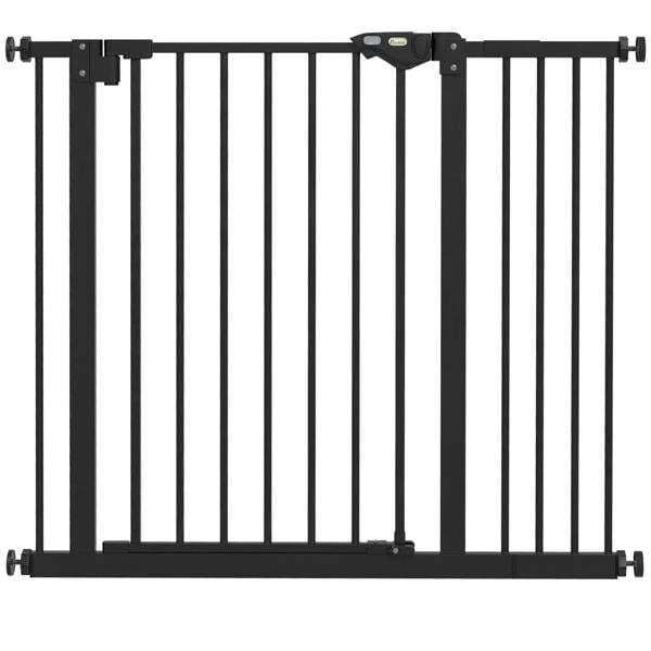 Black metal safety gate with vertical bars and latch bar across the top