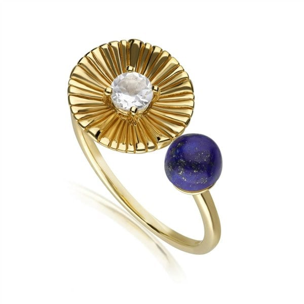 270R062601925 Caruso Lapis Lazuli & White Topaz Floral Open Ring In Yellow Gold Plated Silver 1
