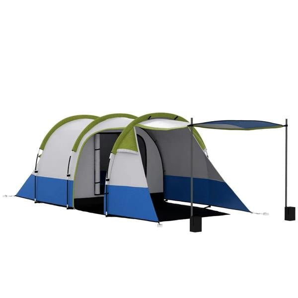 Three-room dome camping tent with porch, green trim and blue-and-gray panels