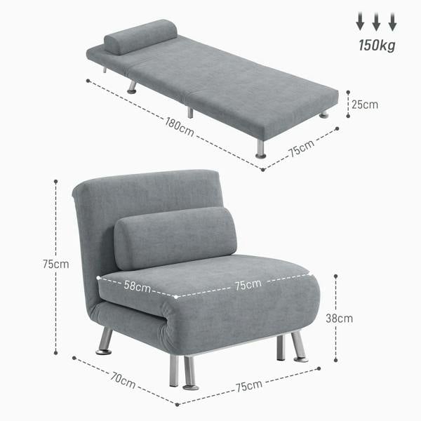 Grey single sleeper chair shown extended as a long flat lounge