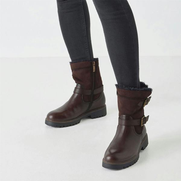 Tamaris Womens Winter Mocca Brown Leather Buckle Zip Biker Ankle Boots