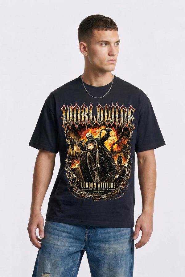 London Attitude Worldwide Skull Biker Oversized Heavyweight Graphic T-Shirt