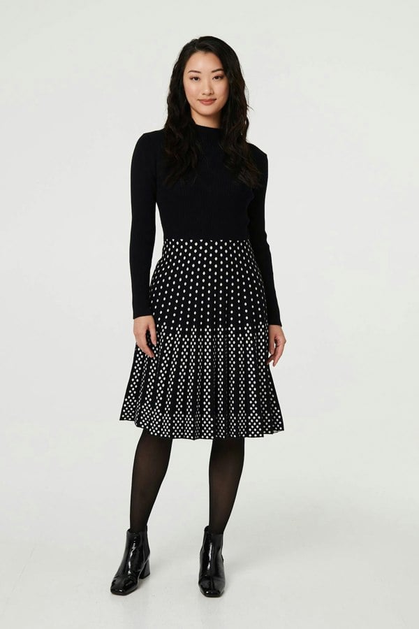 Black | Polka Dot Pleated Knit Skater Midi Dress
