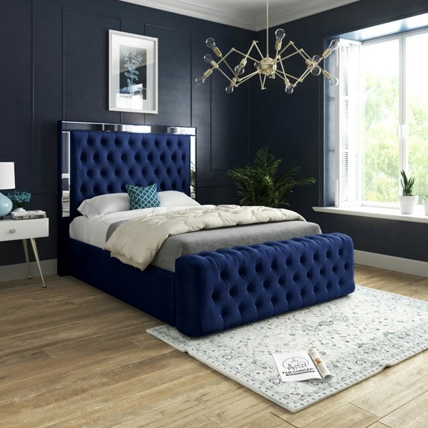 Casa Magna Marino Mirror Upholstered Soft Velvet Bed Frame - Blue