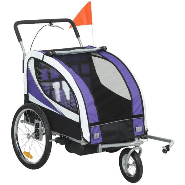 Purple baby bike trailer with 5-point harness, steel frame and safety flag