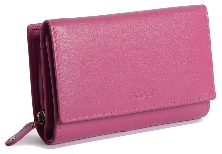 SADDLER PAULA Handmade Leather Trifold Purse – RFID Protected | 8 Card Slots, ID Window & Rear Zip Pocket | Gift Boxed - Magenta