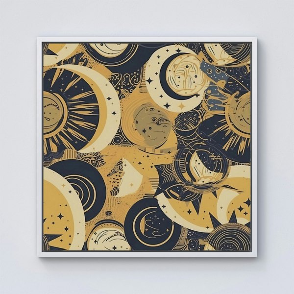 Warren Reed Blue Gold Moon and Sun Framed Canvas