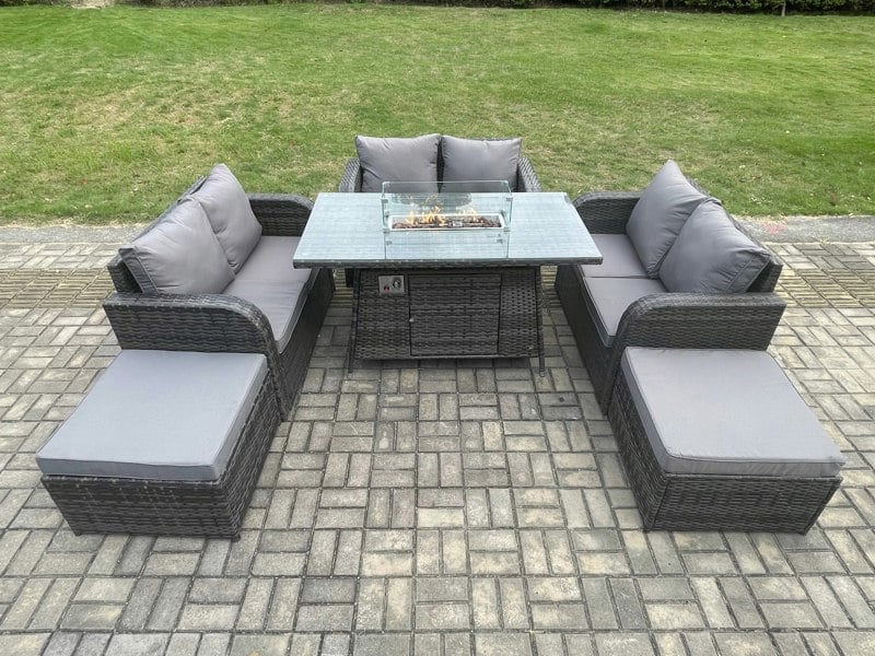 Fimous 8 Seater Rattan Outdoor Garden Furniture Sofa Set Gas Fire Pit Dining Table Gas Heater with Love Sofa 2 Big Footstool Dark Grey Mixed