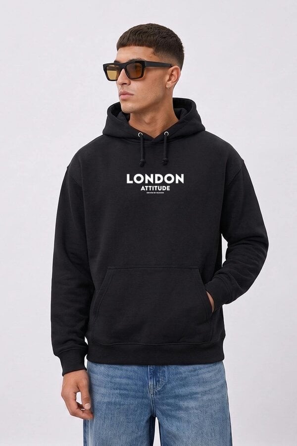 London Attitude Relaxed Fit Dragon Graphic Hoodie in Black