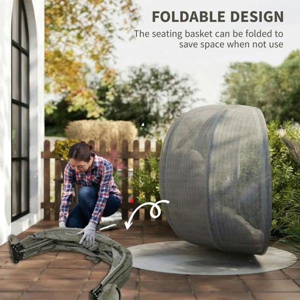 Folded hanging egg chair pod with grey mesh cover and black stand on patio.