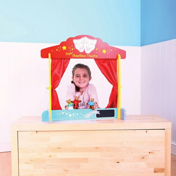 Bigjigs Toys Wooden Table Top Theatre, With Red Silk-Effect Curtains & Chalkboard