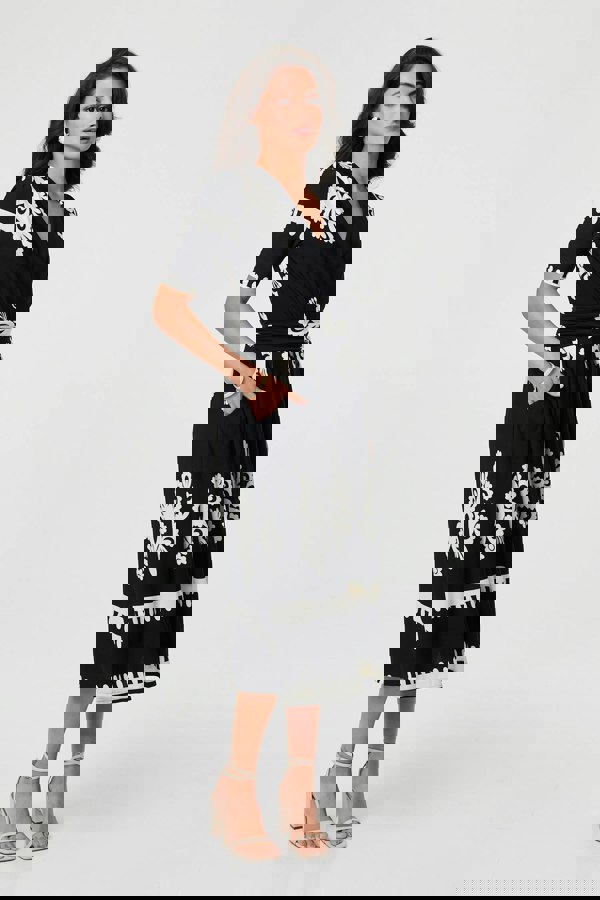 Black | Ikat Print 1/2 Sleeve Wrap Midi Dress
