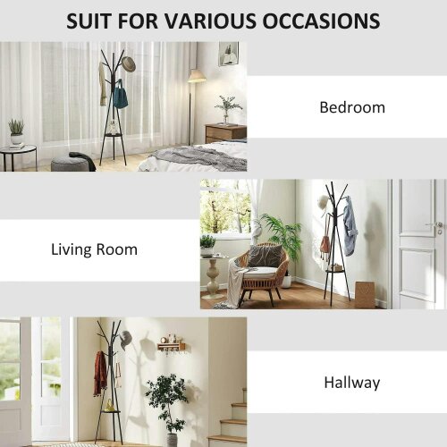 Bobobiy Freestanding Metal Coat Rack Stand 9 Hooks Clothes Tree with 1 Shelf Hat Display Hall Tree Hanger Bag Umbrella Hanging Organiser Black