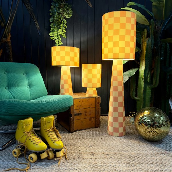 Handmade Checkerboard Velvet lamps in Marmalade. Yellow and Orange checkerboard lamps. 3 Sizes Available