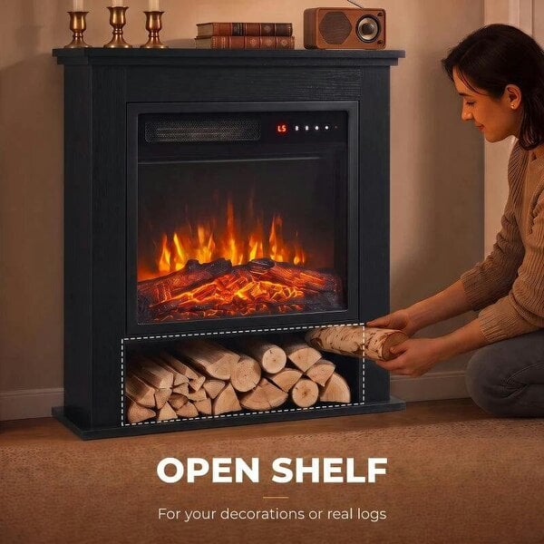 Electric Fireplace Suite with Shelf, 25" 1800W Electric Fire and Surround with LED Flame, 5 Brightness, Remote, Black