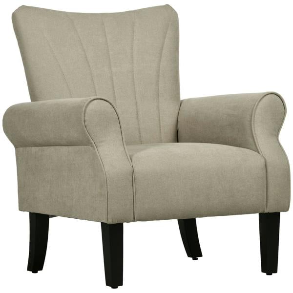 Beige upholstered accent chair with rolled arms and dark wood legs