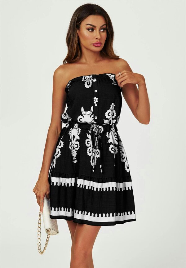 FS Collection Printed Broderie Strapless Mini Dress In Black