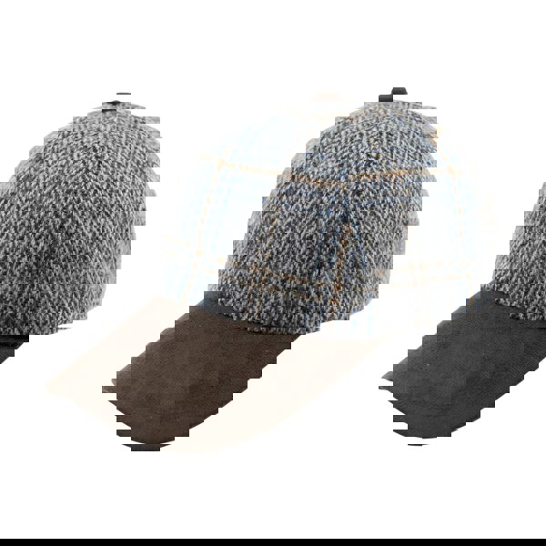 Cap with checkered pattern on top and brown brim on a white background