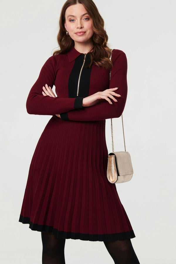 Red | Colour Block Zip Knit Knee Length Dress
