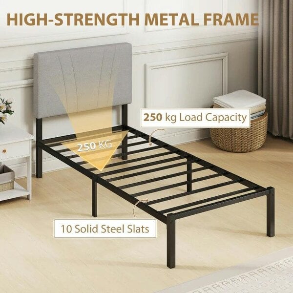 3FT Single Bed Frame with Upholstered Headboard and Underbed Storage, Black and Light Grey