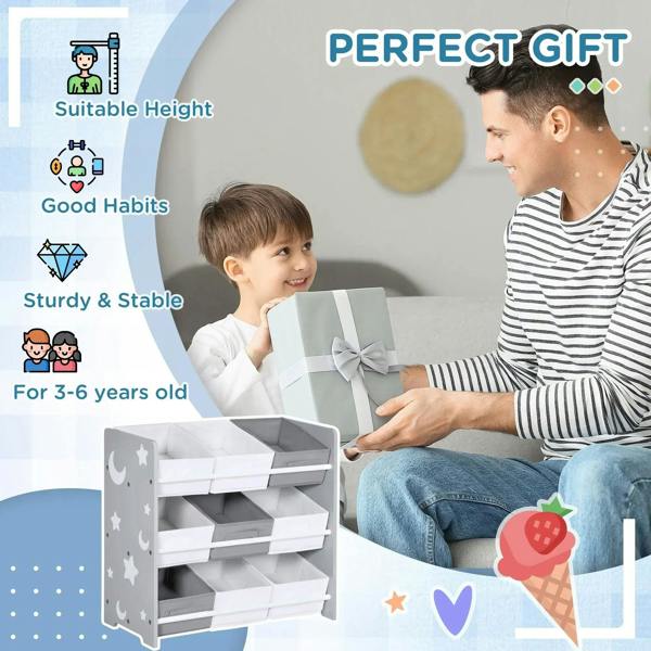 Kids storage rack with nine removable baskets and moon-star front panel, child-friendly height