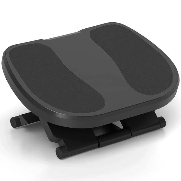 Grey under-desk footrest with three-height adjustable base